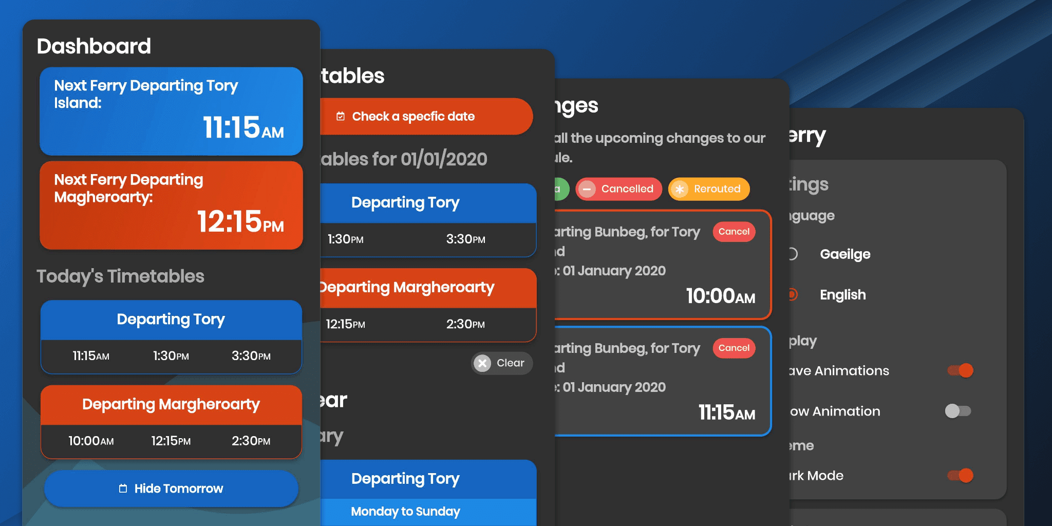 All screens in the Tory Ferry App