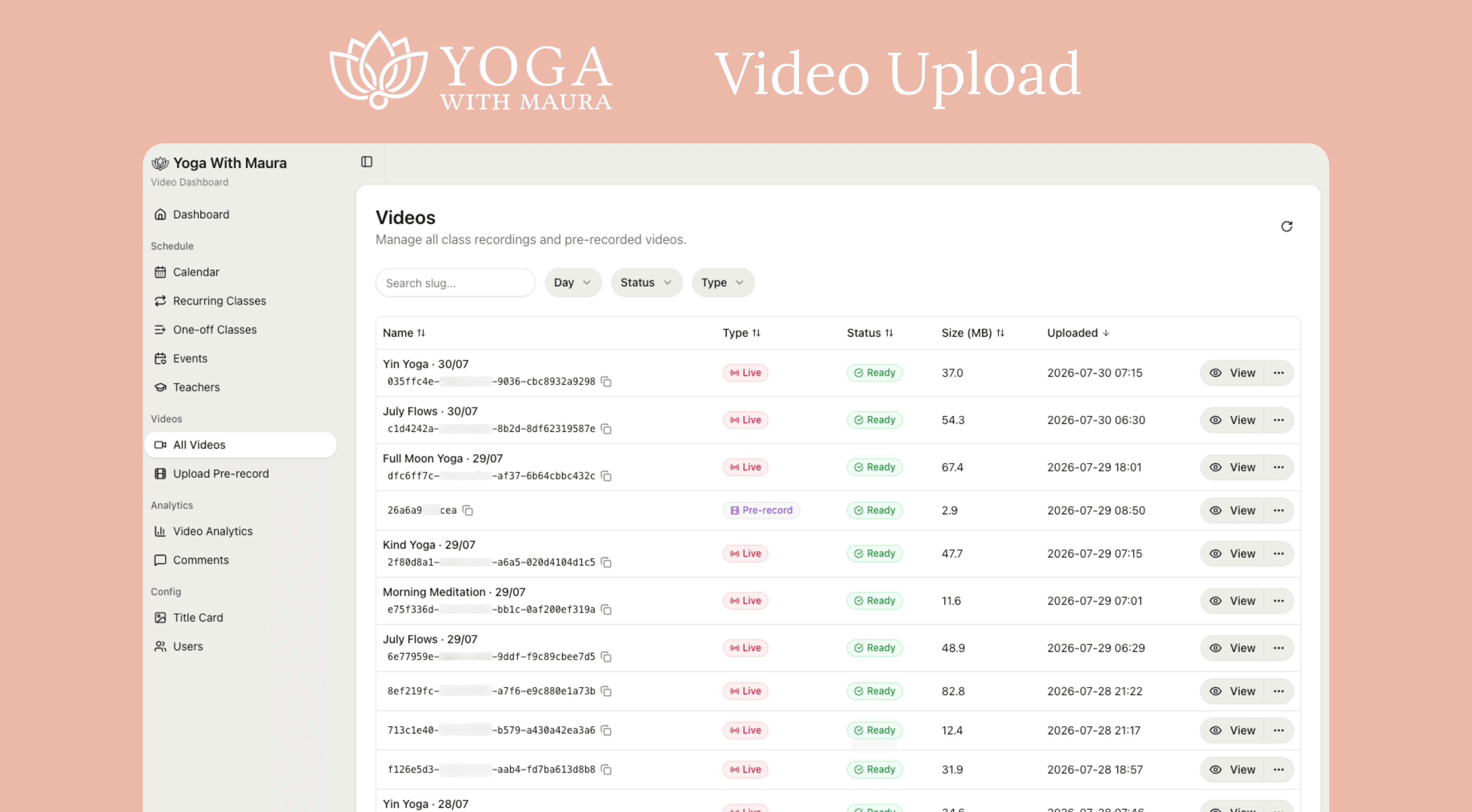 Yoga With Maura studio dashboard — the video library of class recordings and pre-records