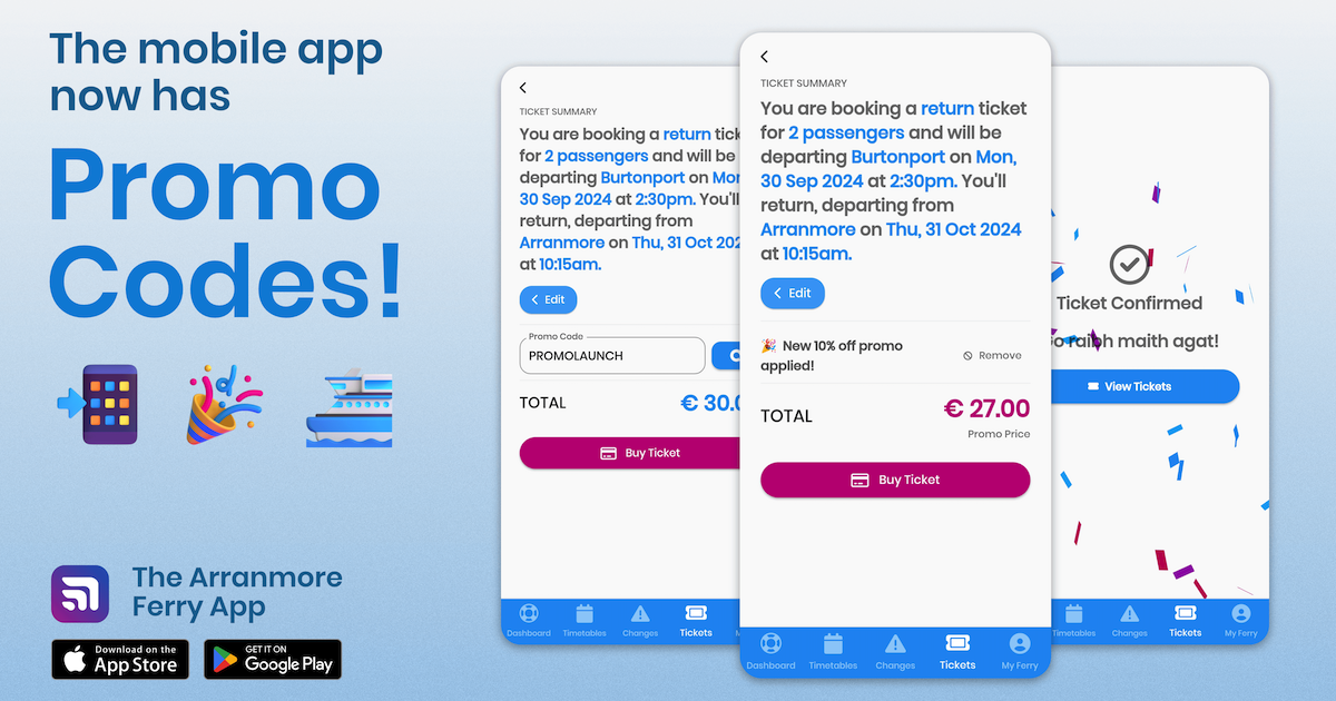 Promo Codes come to The Arranmore Ferry app